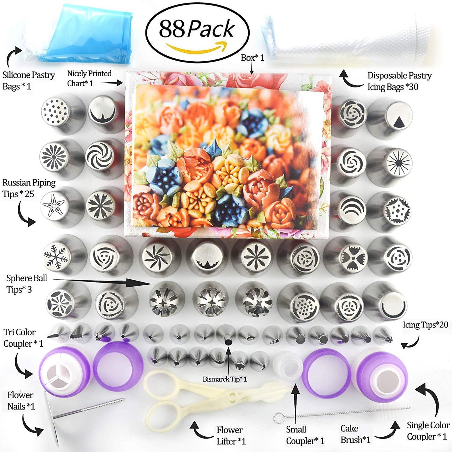 88Pcs Cake Decorating Set Stainless Russian Piping Tips